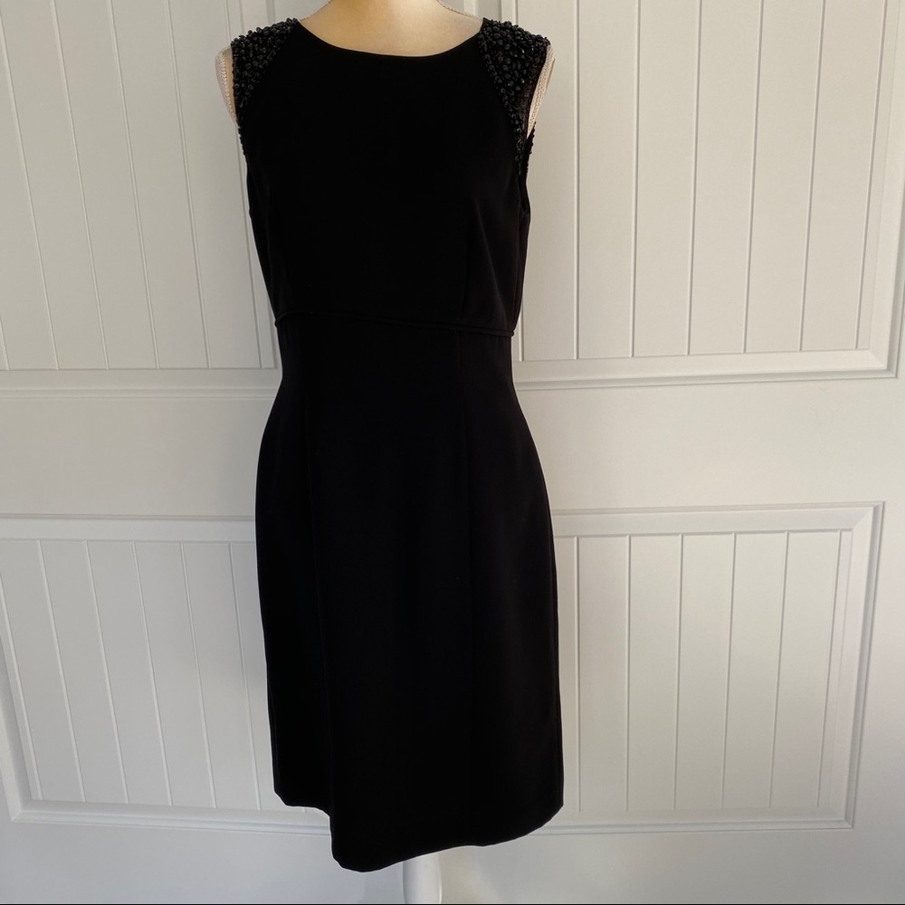 Tahari classic black dress with beaded shoulders 6